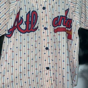 Vintage Retro Altlana Braves Button-Up Striped Graphic Shirt
